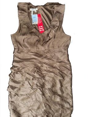 Ruffled V-Neck Sleeveless Cocktail Dress - Taupe NWT